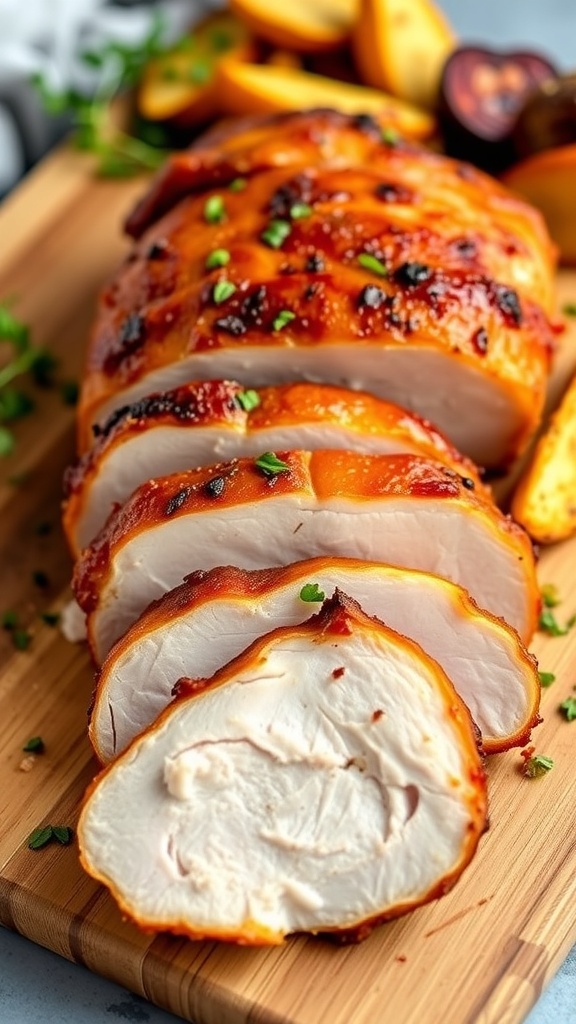 Air Fryer Pork Loin Recipe Sliced air fryer pork loin on a cutting board, garnished with herbs, with roasted vegetables in the background.